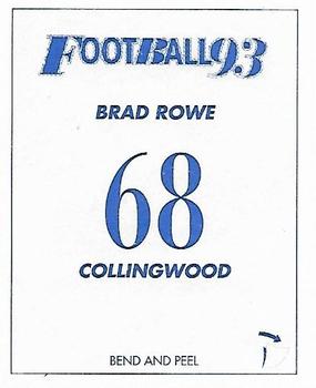 1993 Select AFL Stickers #68 Brad Rowe Back